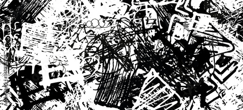 Grunge black and white. Abstract seamless background. The texture is repetitive. Template for printing on fabric, paper, wrapper. A chaotic backdrop of graffiti