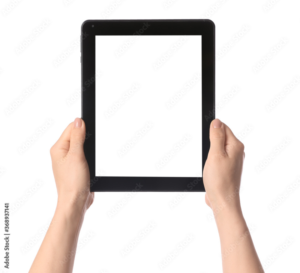 Hands with modern tablet computer on white background Hands with modern tablet computer on white background