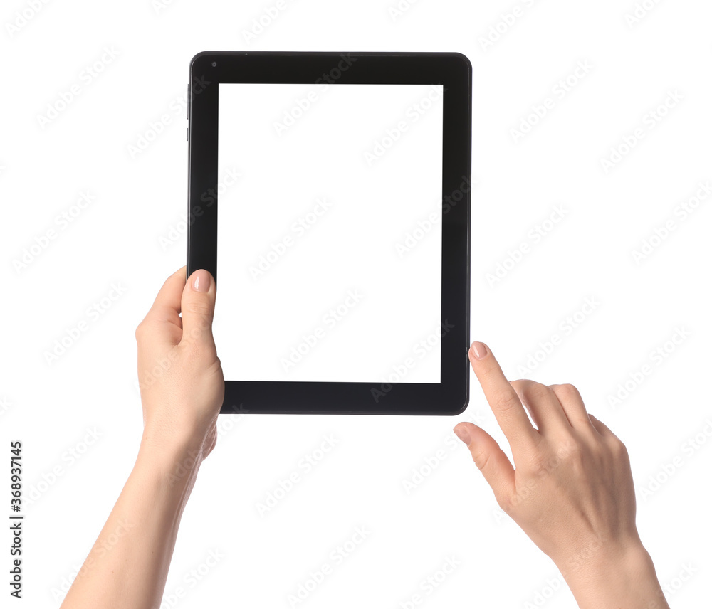Hands with modern tablet computer on white background Hands with modern tablet computer on white background