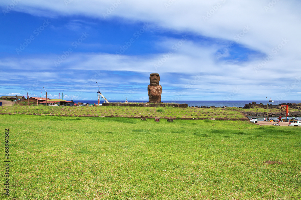 Rapa Nui, Ahu Riata. The statue Moai in the marina of Hanga Roa on Easter Island, Chile