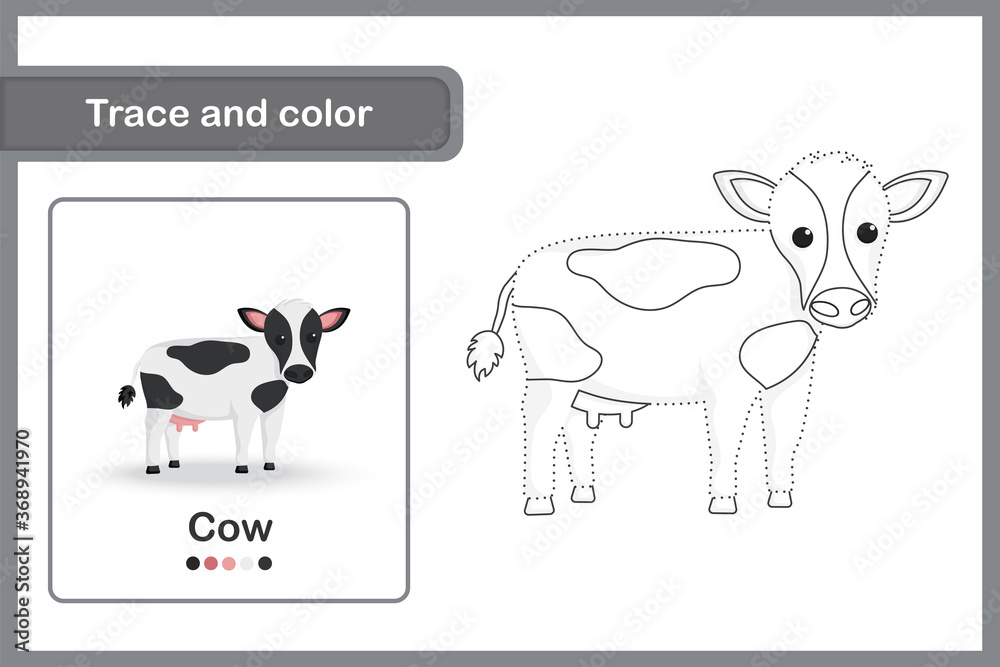 Drawing worksheet Trace and colour : Cow