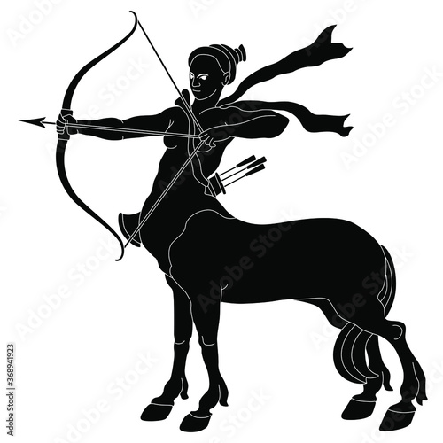 Archer Centauride or centauress. Female centaur shooting a bow and arrow. Fantastic creature. Half horse half woman. Black and white silhouette.