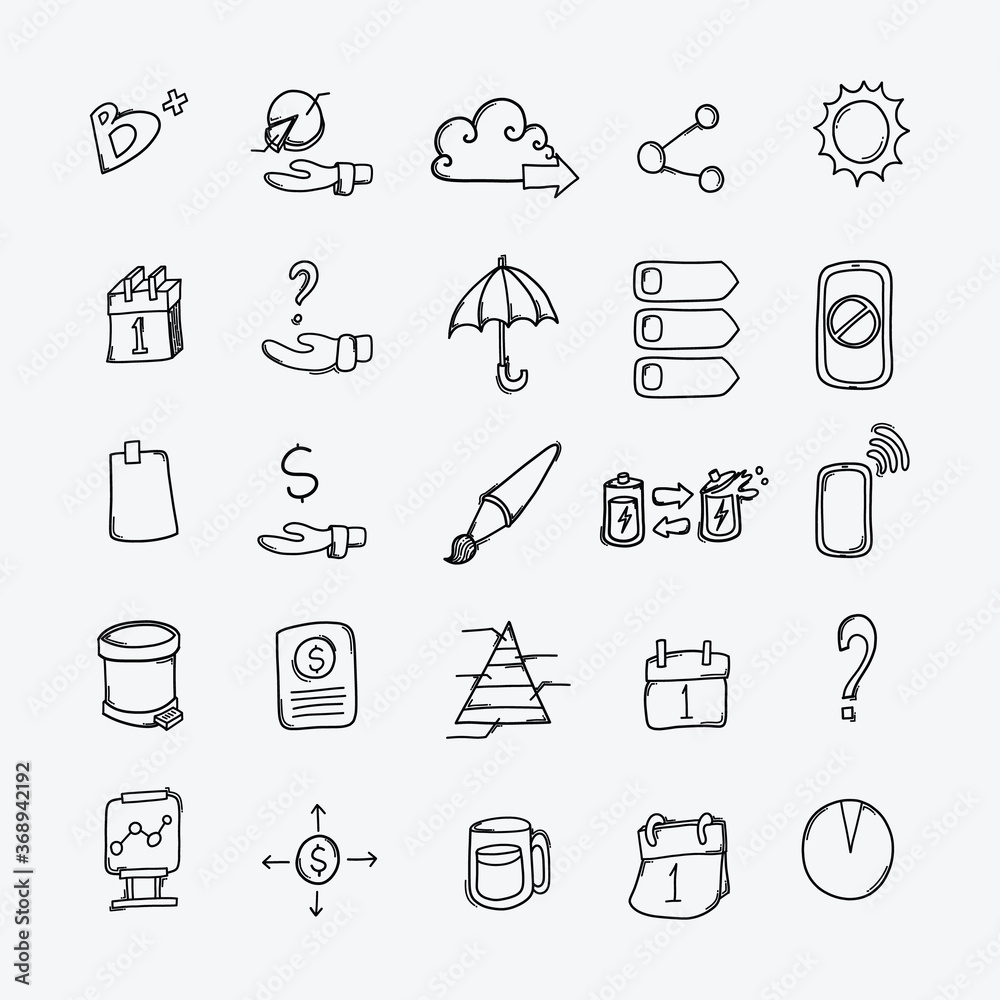 Business vector doodle icons set. Drawing sketch illustration hand drawn line. eps10