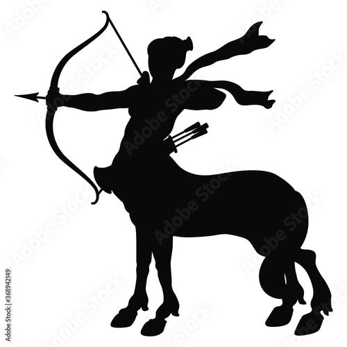 Silhouette of archer Centauride or centauress. Female centaur shooting a bow and arrow. Fantastic creature. Half horse half woman.