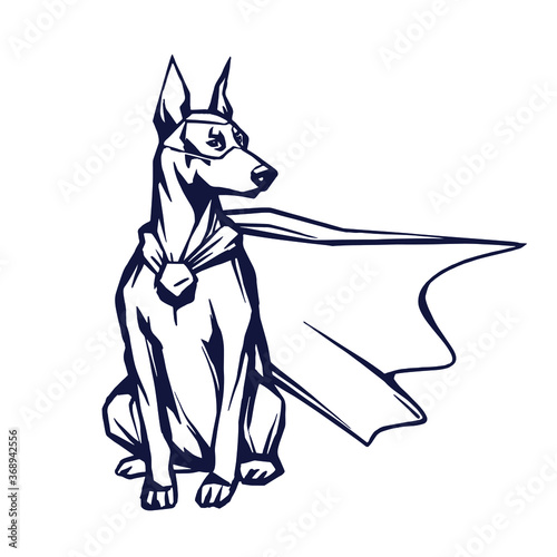 Doberman in mask and cape. Superhero dog. Hand drawn sketch. Ink line art, stock vector illustration