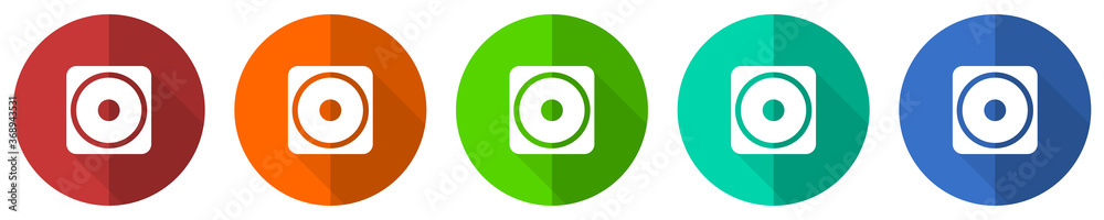 Subwoofer, music, bass speaker icon set, red, blue, green and orange flat design web buttons isolated on white background, vector illustration Subwoofer, music, bass speaker icon set, red, blue, green and orange flat design web buttons isolated on white background, vector illustration