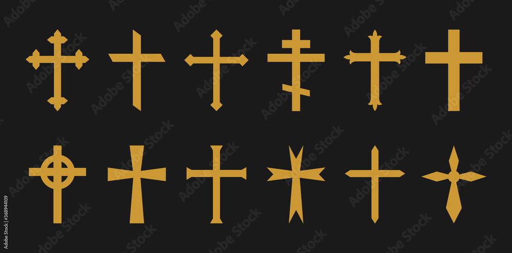 Gold cross. Christian, catholic, greek crosses. Icons of crucifix in gothic style. Symbol of church, jesus and holy faith. Religious gold silhouette on black background. Celtic decorative set. Vector