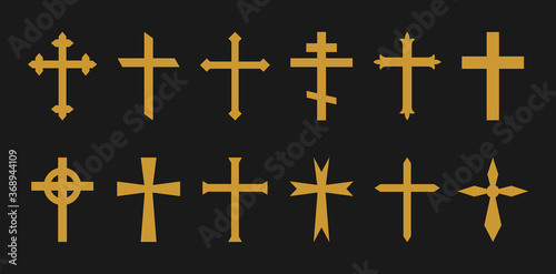 Gold cross. Christian, catholic, greek crosses. Icons of crucifix in gothic style. Symbol of church, jesus and holy faith. Religious gold silhouette on black background. Celtic decorative set. Vector