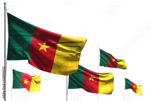 beautiful celebration flag 3d illustration. - five flags of Cameroon are wave isolated on white - picture with bokeh