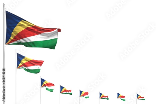 beautiful many Seychelles flags placed diagonal isolated on white with place for your content - any feast flag 3d illustration..