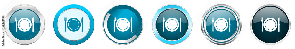 Restaurant silver metallic chrome border icons in 6 options, set of web blue round buttons isolated on white background Restaurant silver metallic chrome border icons in 6 options, set of web blue round buttons isolated on white background