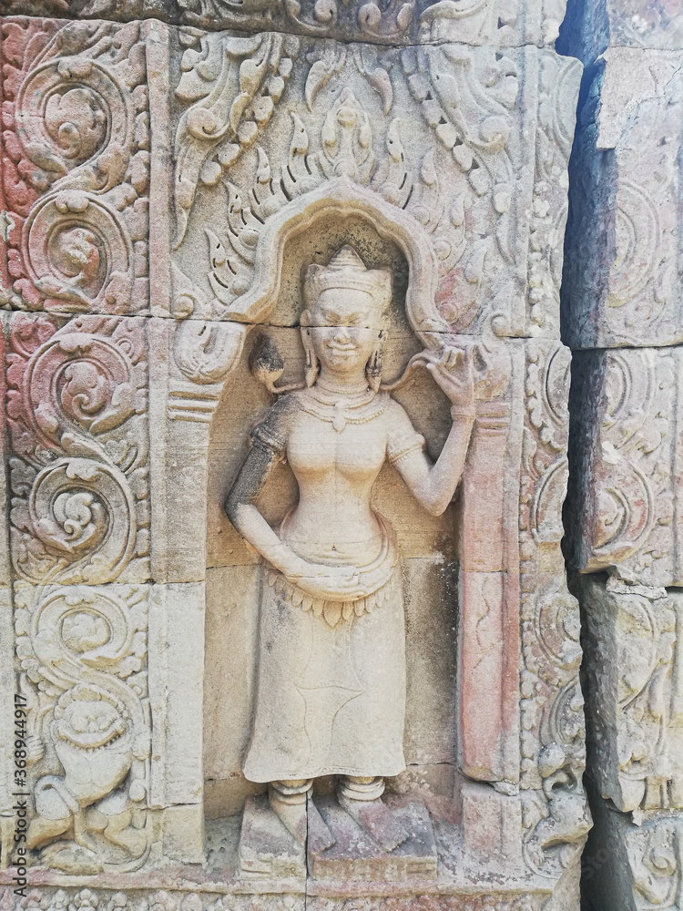 Cambodia Preah Khan Hall of Dancers Stone Carved Apsara.  