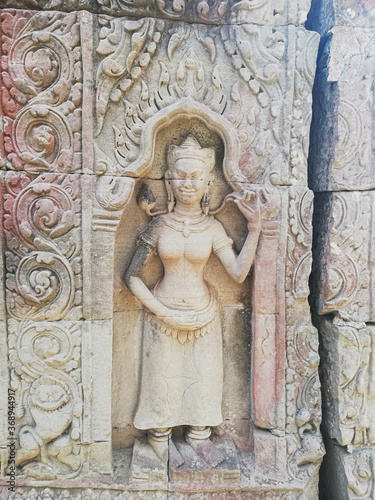 Cambodia Preah Khan Hall of Dancers Stone Carved Apsara. 