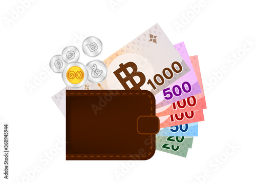 thai money and wallet isolated on white, salary or savings concept, stack banknote money thai baht, currency THB thai, paper money and wallet for icon