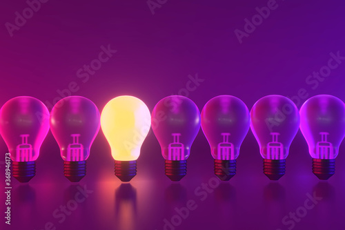 3D rendering of Bulbs, Teamwork, leadership, management and uniqueness concept.