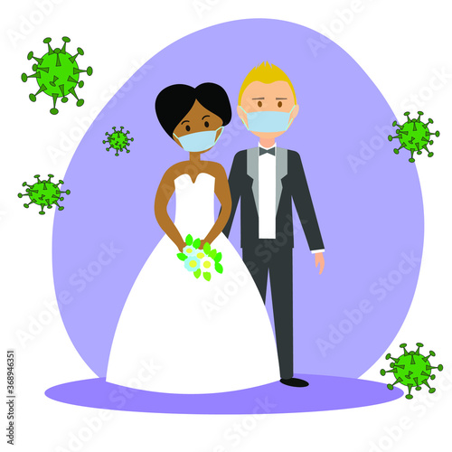 Wedding ceremony during the pandemic. Groom and bride wearing wedding dress and mask on wedding day. Flat vector illustration.
