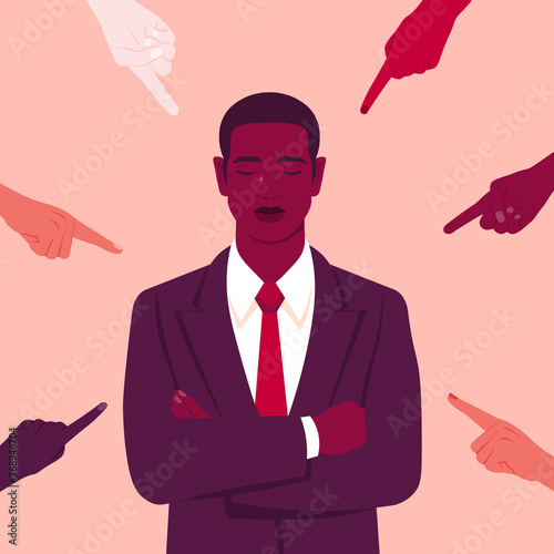 The shame. Hands of different people point to the young African man. Portrait of crying businessman. Bankrupt. Different opinions and the pressure of society. Vector flat illustration