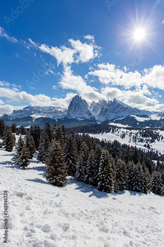 Beautiful mountain valley in the resort of Val Gardena Italy. The bright spring sun shines, illuminating coniferous trees and white snow. © mirazimov