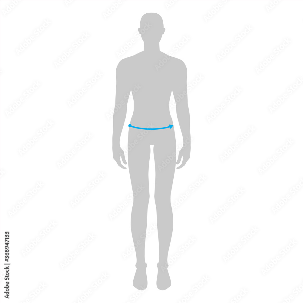Fototapeta premium Men to do lower waist measurement fashion Illustration for size chart. 7.5 head size boy for site or online shop. Human body infographic template for clothes.