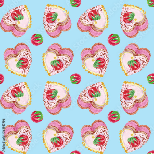 Seamless pattern with painted strawberry cakes. Design done in watercolor. The work can decorate postcards, covers, wrapping paper, fabric, wallpaper for walls.