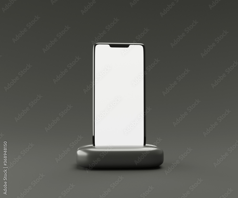 Smartphone on a presentation stand isolated on yellow background with blank screen. Technology advertising concept.3D illustration. Smartphone on a presentation stand isolated on yellow background with blank screen. Technology advertising concept.3D illustration.