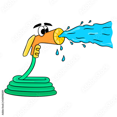 water hose spraying. cartoon mascot 