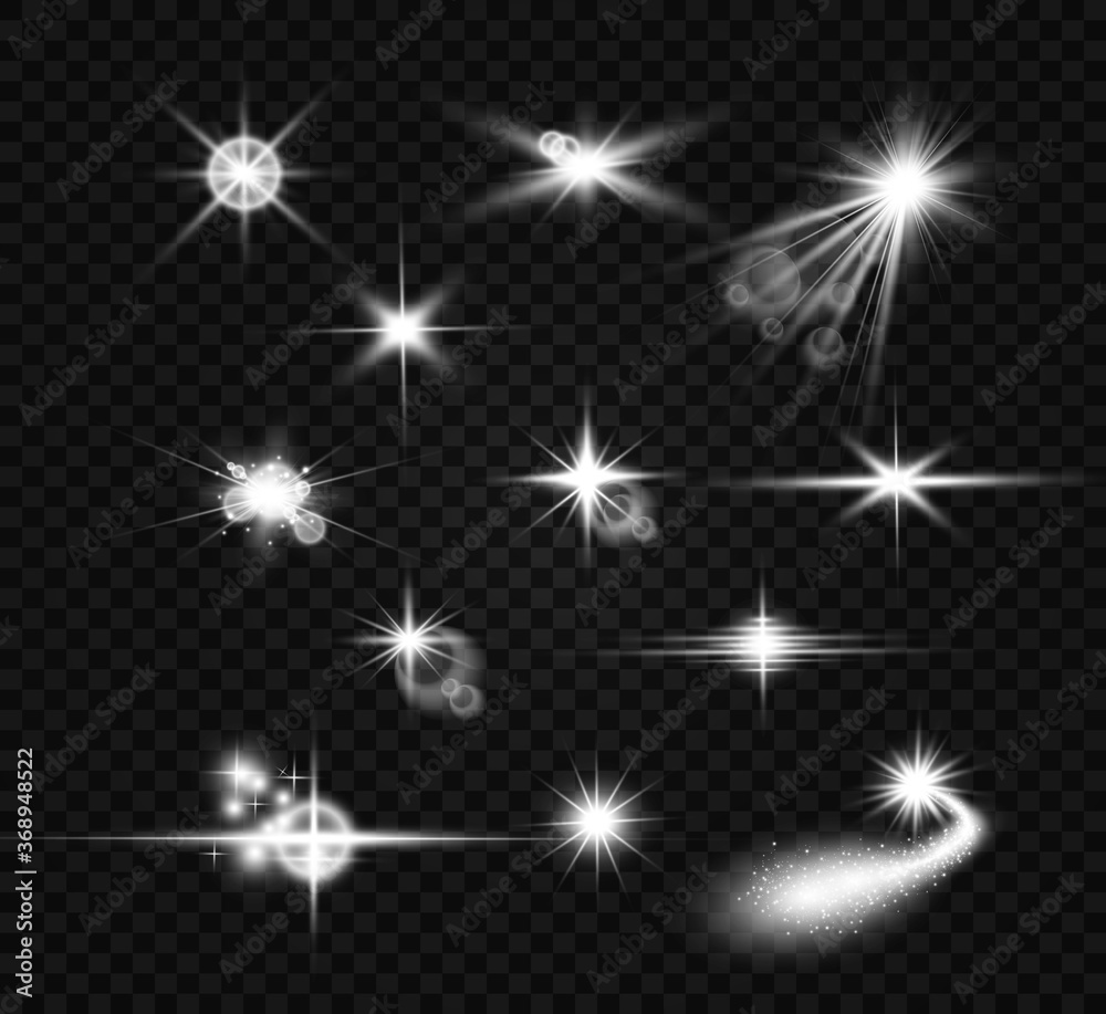 Set of bright beautiful stars. Light effect. Bright Star. Beautiful light to illustrate. Christmas star. White glitter sparkles with special light effect. Vector sparkles on a transparent background. Set of bright beautiful stars. Light effect. Bright Star. Beautiful light to illustrate. Christmas star. White glitter sparkles with special light effect. Vector sparkles on a transparent background.