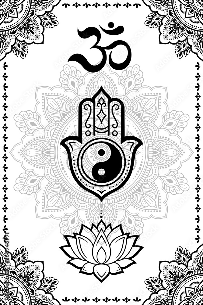 Set of Eastern ethnic religious symbols. Mandala, Hamsa, OM mantra, Yin ...