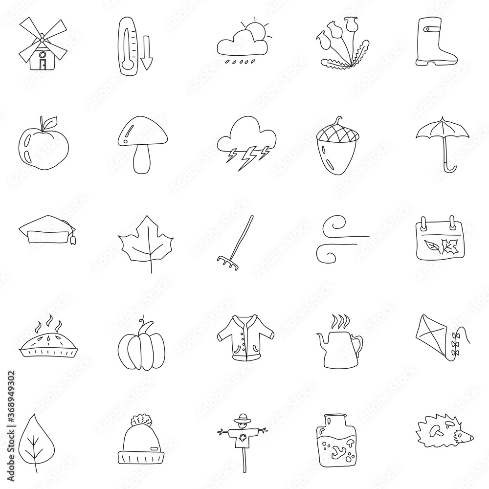 autumn hand drawn linear doodles isolated on white background. autumn icon set for web and ui design, mobile apps and print products