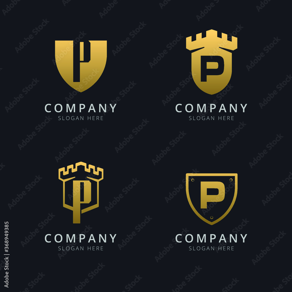 Initial Letter P and shield with golden style Initial Letter P and shield with golden style