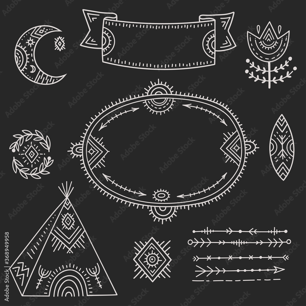 The set of decorative elements is stylized as children's drawing in the Scandinavian style. Funny cartoon kids chalk drawing. Folk art. Flower, moon, arrows, frame for an inscription or explanation.
