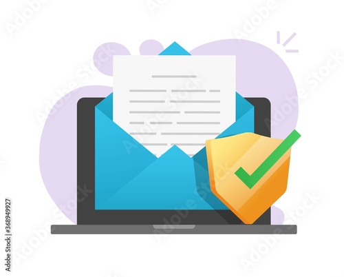Email document secure shield online on laptop computer icon on electronic mail letter text file protection, digital guard symbol vector flat cartoon illustration, antivirus security software verified