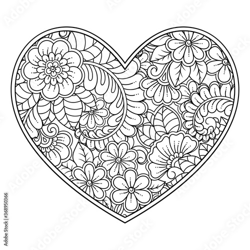 Mehndi flower pattern in form of heart for Henna drawing and tattoo. Decoration in ethnic oriental, Indian style. Valentine's day greetings. Coloring book page.