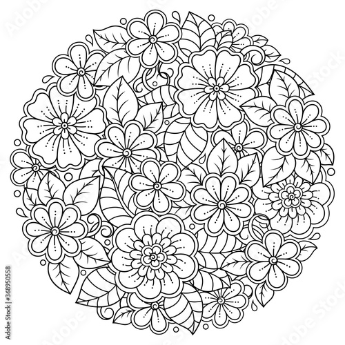 Outline round flower pattern in mehndi style for coloring book page. Antistress for adults and children. Doodle ornament in black and white. Hand draw vector illustration.