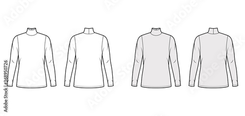 Turtleneck jersey sweater technical fashion illustration with long sleeves, oversized body, tunic length. Flat outwear apparel template front back white grey color. Women men unisex shirt top mockup