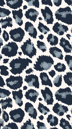 Trendy snow leopard vertical background. Hand drawn fashionable wild animal cheetah skin black white texture for fashion design, social media banner, cover, phone wallpaper. Vector illustration