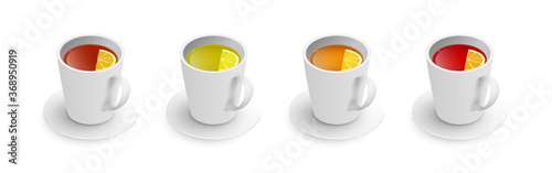 Realistic 3d cup of hot aromatic tea set. A teacup with green, black, herbal rooibos red tea with lemon, saucer isometric view isolated on white. Vector illustration for web, menu, app, design