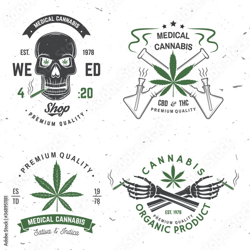 Medical cannabis badge, label with skeleton hand, smoking marijuana Vector. Vintage typography logo design with cannabis, skeleton hand silhouette For weed shop, cannabis, marijuana delivery service