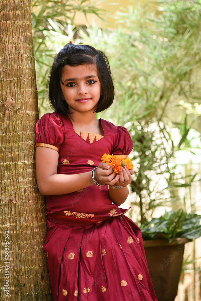 Kerala Onam festival, happy young Indian girl child, wearing ...