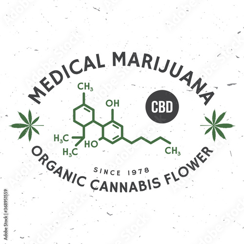 Medical cannabis badge with cannabis leaf, cannabinol molecule . Vector. Vintage typography logo design with cannabis leaf silhouette For weed shop, cannabis, marijuana delivery service