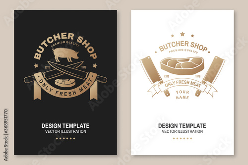 Butcher meat shop Badge or Label with Pig, pork, Steak and kitchen knife. Vector Vintage typography logo design with Pig, pork, steak, kitchen knife silhouette. Meat shop, market, restaurant