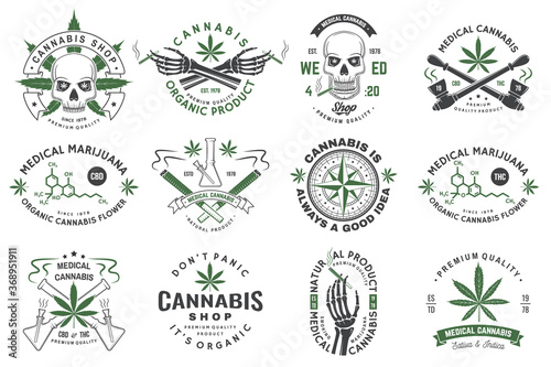 Set of medical cannabis badge, label with skull, skeleton hand, smoking marijuana. Vector Vintage typography logo design with cannabis, skeleton hand silhouette For weed shop, marijuana delivery