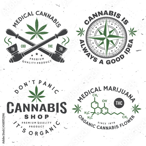 Set of medical cannabis badge, label with cannabis leaf, marijuana pipe Vector Vintage typography logo design with cannabis leaf, marijuana pipe silhouette For weed shop, marijuana delivery service
