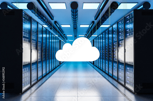 cloud computing logo in large modern data center with multiple rows of server racks, 3D Illustration photo