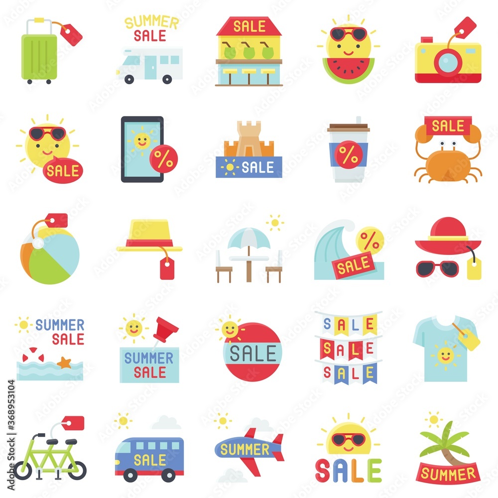 Summer sale element icon set 4, flat style