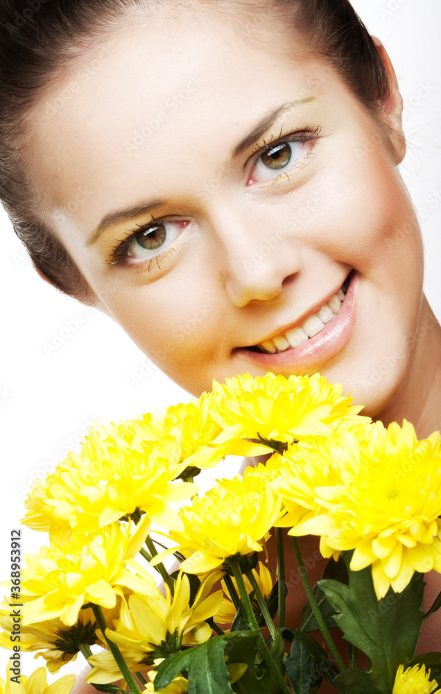 female face with the yellow chrysanthemum