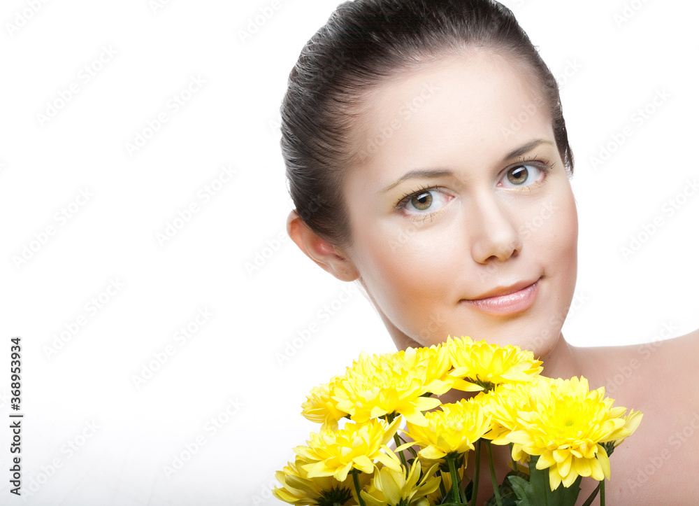 female face with the yellow chrysanthemum female face with the yellow chrysanthemum