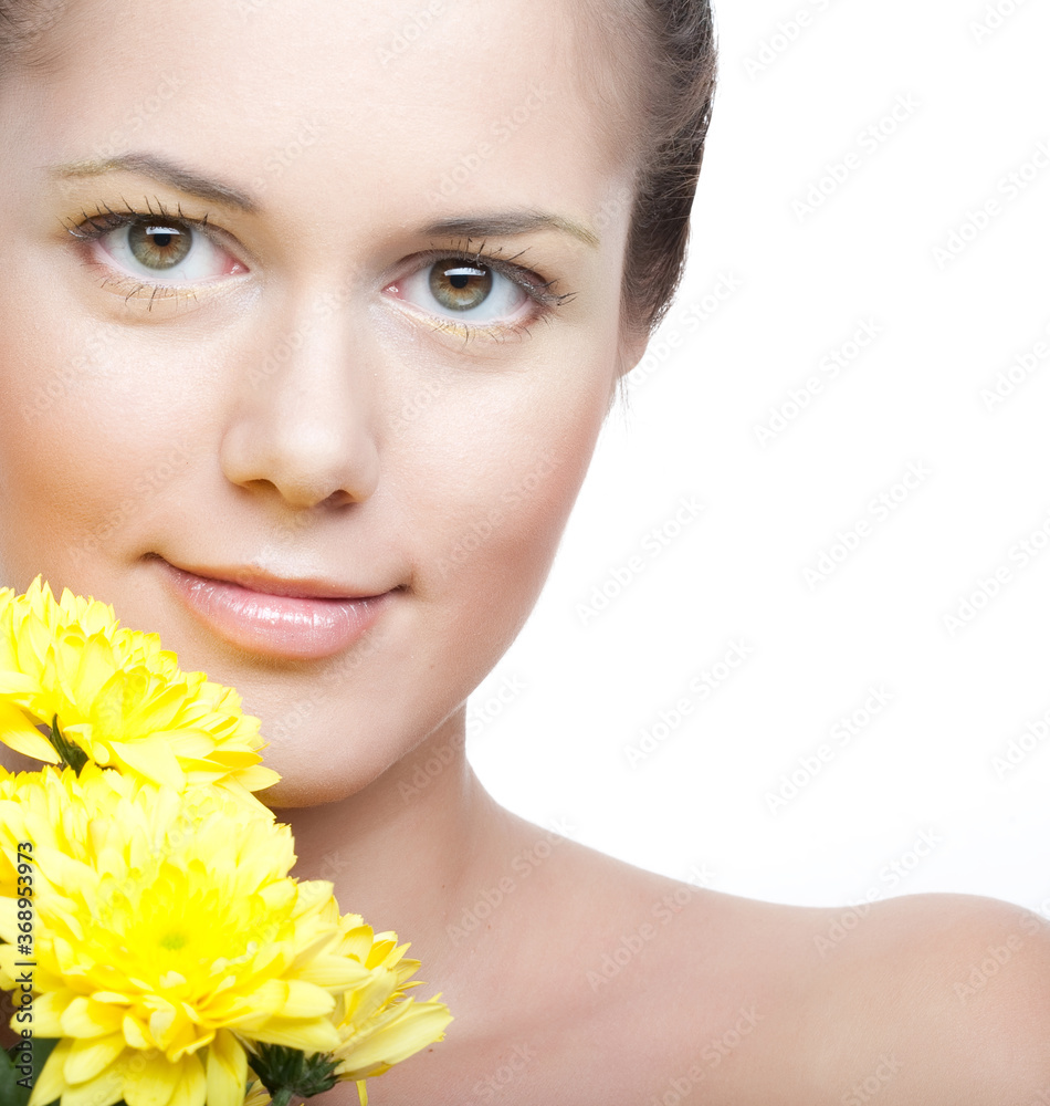female face with the yellow chrysanthemum female face with the yellow chrysanthemum