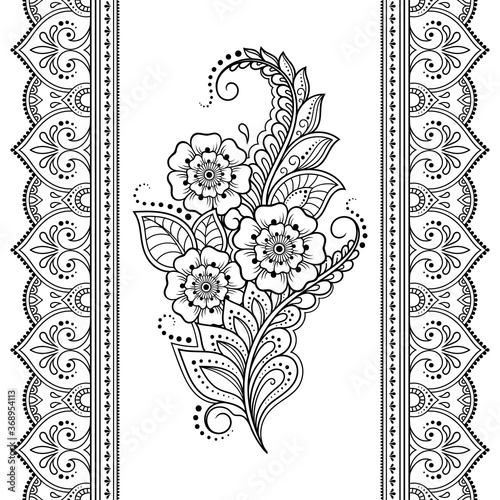 Seamless pattern of mehndi flower and border for Henna drawing and tattoo. Decorative doodle ornament in ethnic oriental, Indian style. Outline hand draw vector illustration.