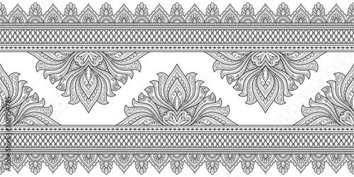 Seamless borders with mandala for design, application of henna, Mehndi and tattoo. Decorative pattern in ethnic oriental, Indian style. Doodle ornament. Outline hand draw vector illustration.